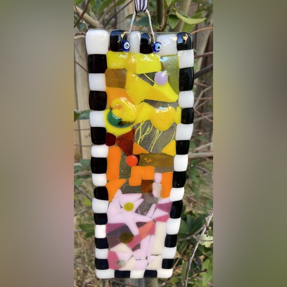 Vibrant Art Glass Hanging Plaque 9.”x3” Abstract Floral Handmade Original